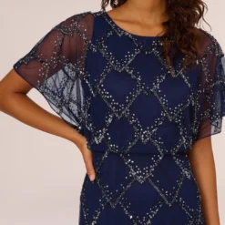 Adrianna Papell Hand-Beaded Blouson Long Gown With Flutter Sleeves In Light Navy -Cheap Vesta Gleam Store AP1E209547 AT412 Regular Detail