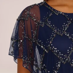 Adrianna Papell Hand-Beaded Blouson Long Gown With Flutter Sleeves In Light Navy -Cheap Vesta Gleam Store AP1E209547 AT412 Regular Lifestyle