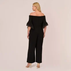 Adrianna Papell Plus Size Off The Shoulder Crepe Jumpsuit With Organza Sleeves In Black -Cheap Vesta Gleam Store AP1E209617 AA002 Plus Back
