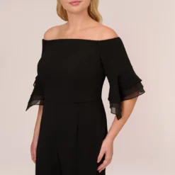 Adrianna Papell Plus Size Off The Shoulder Crepe Jumpsuit With Organza Sleeves In Black -Cheap Vesta Gleam Store AP1E209617 AA002 Plus Detail