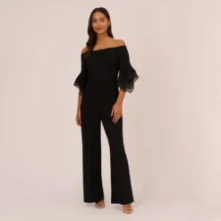 Adrianna Papell Off The Shoulder Crepe Jumpsuit With Organza Sleeves In Black