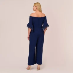 Adrianna Papell Plus Size Off The Shoulder Crepe Jumpsuit With Organza Sleeves In Navy Sateen -Cheap Vesta Gleam Store AP1E209617 AK412 Plus Back