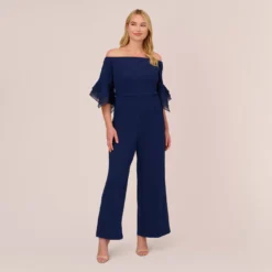 Adrianna Papell Plus Size Off The Shoulder Crepe Jumpsuit With Organza Sleeves In Navy Sateen