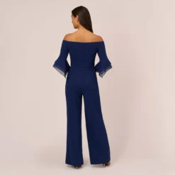 Adrianna Papell Off The Shoulder Crepe Jumpsuit With Organza Sleeves In Navy Sateen -Cheap Vesta Gleam Store AP1E209617 AK412 Regular Back