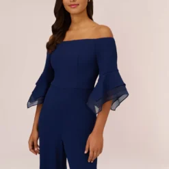 Adrianna Papell Off The Shoulder Crepe Jumpsuit With Organza Sleeves In Navy Sateen -Cheap Vesta Gleam Store AP1E209617 AK412 Regular Detail