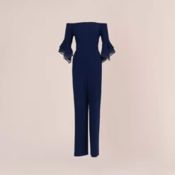 Adrianna Papell Off The Shoulder Crepe Jumpsuit With Organza Sleeves In Navy Sateen -Cheap Vesta Gleam Store AP1E209617 AK412 Regular Flat