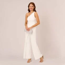 Adrianna Papell Beaded One-Shoulder Matte Jersey Jumpsuit In Ivory