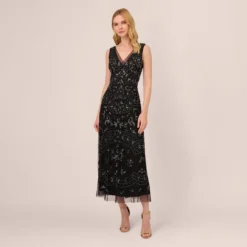 Adrianna Papell Hand-Beaded Ankle-Length Dress In Black Gunmetal
