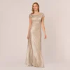 Adrianna Papell Metallic Foil Knit Draped Long Gown In Alabaster