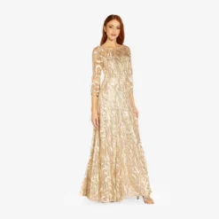 Adrianna Papell Embroidered And Hand-Sequined Illusion A-Line Long Gown In Champagne Gold -Cheap Vesta Gleam Store AP1E209738 AQ298 Regular Alternate