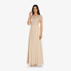 Adrianna Papell Floral 3D Hand-Beaded And Lace Illusion Long Gown In Biscotti -Cheap Vesta Gleam Store AP1E209769 AG273 Regular Alternate