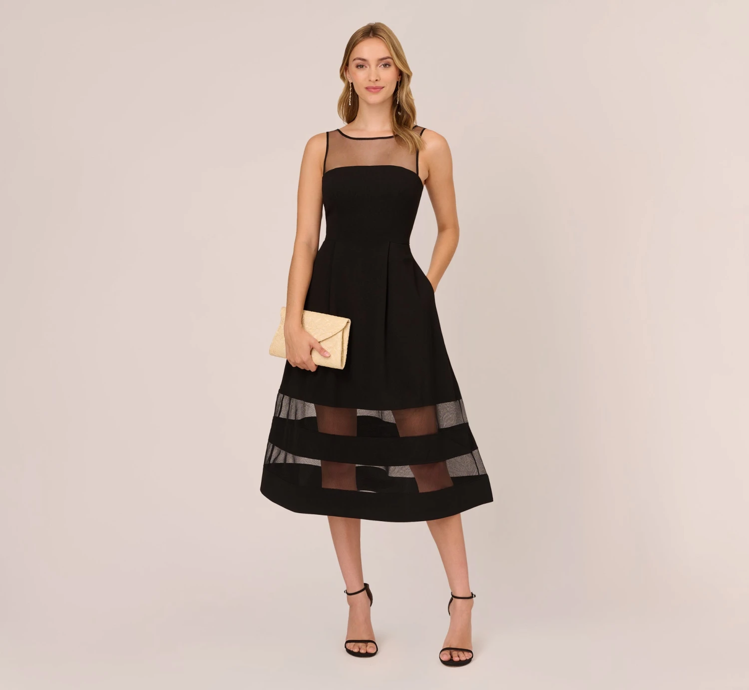 Adrianna Papell Crepe And Mesh Illusion Midi-Length Fit-And-Flare Cocktail Dress In Black