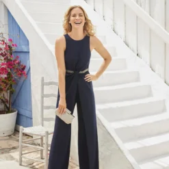 Adrianna Papell Crystal-Trimmed Crepe Jumpsuit In Midnight -Cheap Vesta Gleam Store AP1E209830 AB411 Regular Default