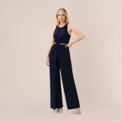 Adrianna Papell Crystal-Trimmed Crepe Jumpsuit In Midnight -Cheap Vesta Gleam Store AP1E209830 AB411 Regular Side