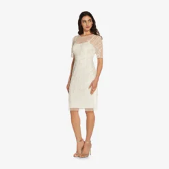 Adrianna Papell Handed-Beaded Illusion Midi-Length Sheath Cocktail Dress In Ivory -Cheap Vesta Gleam Store AP1E209848 AA194 Regular Alternate