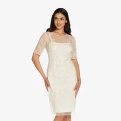 Adrianna Papell Handed-Beaded Illusion Midi-Length Sheath Cocktail Dress In Ivory