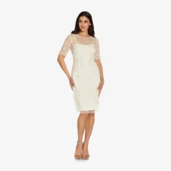 Adrianna Papell Handed-Beaded Illusion Midi-Length Sheath Cocktail Dress In Ivory -Cheap Vesta Gleam Store AP1E209848 AA194 Regular Side