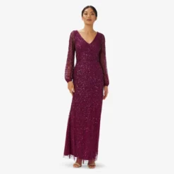 Adrianna Papell Hand-Beaded Illusion Long Gown In Bordeaux