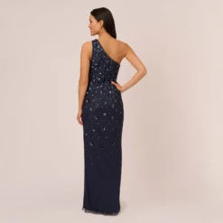 Adrianna Papell 3D Floral Hand-Beaded One-Shoulder Long Column Gown In Dusty Navy -Cheap Vesta Gleam Store AP1E209866 AK469 Regular Back