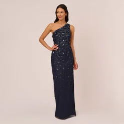 Adrianna Papell 3D Floral Hand-Beaded One-Shoulder Long Column Gown In Dusty Navy