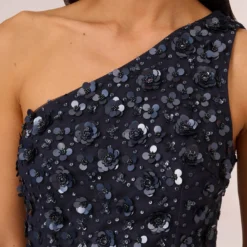 Adrianna Papell 3D Floral Hand-Beaded One-Shoulder Long Column Gown In Dusty Navy -Cheap Vesta Gleam Store AP1E209866 AK469 Regular Detail