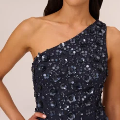 Adrianna Papell 3D Floral Hand-Beaded One-Shoulder Long Column Gown In Dusty Navy -Cheap Vesta Gleam Store AP1E209866 AK469 Regular Lifestyle