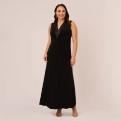 Adrianna Papell Plus Size Matte Jersey Twist Front Tuxedo Long Gown In Black