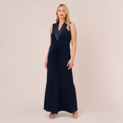 Adrianna Papell Plus Size Matte Jersey Twist Front Tuxedo Long Gown In Midnight