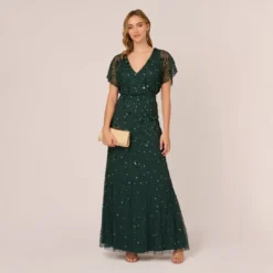 Adrianna Papell Hand-Beaded 3D Floral Blouson Long Gown In Dusty Emerald -Cheap Vesta Gleam Store AP1E209936 AA302 Regular Side