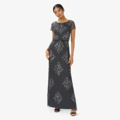 Adrianna Papell Hand-Beaded Long Blouson Gown In Gunmetal