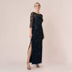 Adrianna Papell Hand-Beaded Illusion Long Column Gown In Midnight