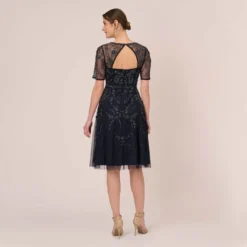 Adrianna Papell Beaded Midi Dress With Sheer Short Sleeves In Midnight -Cheap Vesta Gleam Store AP1E209973 AG410 Regular Back