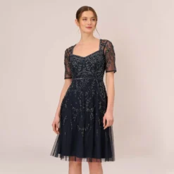 Adrianna Papell Beaded Midi Dress With Sheer Short Sleeves In Midnight