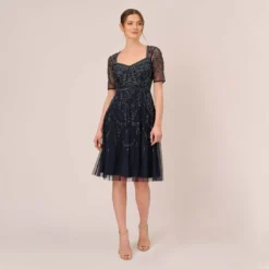 Adrianna Papell Beaded Midi Dress With Sheer Short Sleeves In Midnight -Cheap Vesta Gleam Store AP1E209973 AG410 Regular Front