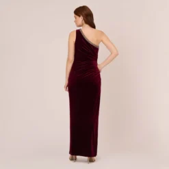 Adrianna Papell Velvet One Shoulder Gown With Beaded Neckline In Burgundy -Cheap Vesta Gleam Store AP1E209998 AC506 Regular Back