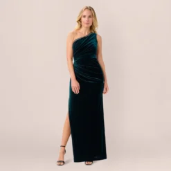 Adrianna Papell Velvet One Shoulder Gown With Beaded Neckline In Hunter