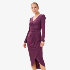 Adrianna Papell Jersey Midi-Length Wrap Dress With Beaded Cuff In Rich Shiraz