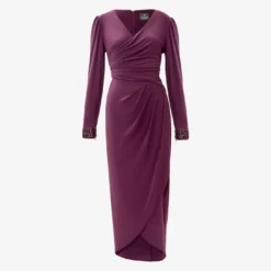 Adrianna Papell Jersey Midi-Length Wrap Dress With Beaded Cuff In Rich Shiraz -Cheap Vesta Gleam Store AP1E210005 AC505 Regular Flat