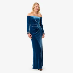 Adrianna Papell Velvet Off-The-Shoulder Long Gown With Hand-Beaded Cuff In Ocean Wave -Cheap Vesta Gleam Store AP1E210008 AU473 Regular Alternate
