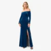 Adrianna Papell Velvet Off-The-Shoulder Long Gown With Hand-Beaded Cuff In Ocean Wave