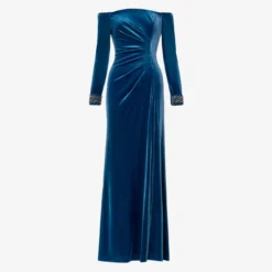 Adrianna Papell Velvet Off-The-Shoulder Long Gown With Hand-Beaded Cuff In Ocean Wave -Cheap Vesta Gleam Store AP1E210008 AU473 Regular Flat