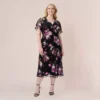 Adrianna Papell Plus Size Foiled Floral-Print Mesh Midi-Length Cocktail Dress In Black Multi