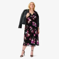 Adrianna Papell Plus Size Foiled Floral-Print Mesh Midi-Length Cocktail Dress In Black Multi -Cheap Vesta Gleam Store AP1E210014 AA960 Plus Lifestyle