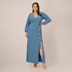 Adrianna Papell Plus Size Jersey Faux Wrap Gown With Cascading Ruffle And Slit In Bluebird