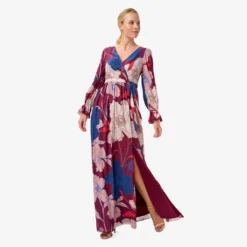 Adrianna Papell Floral-Print Faux Wrap Long Chiffon Gown In Burgundy Multi -Cheap Vesta Gleam Store AP1E210044 AH940 Regular Alternate