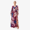 Adrianna Papell Floral-Print Faux Wrap Long Chiffon Gown In Burgundy Multi