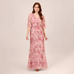 Adrianna Papell Floral-Print And Hand-Beaded Mesh Long Gown In Blush Multi