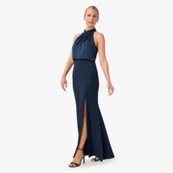 Adrianna Papell Satin Crepe Blouson Halter Long Gown In Dark Navy -Cheap Vesta Gleam Store AP1E210064 AB010 Regular Alternate