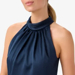 Adrianna Papell Satin Crepe Blouson Halter Long Gown In Dark Navy -Cheap Vesta Gleam Store AP1E210064 AB010 Regular Detail