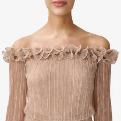 Adrianna Papell Metallic Crinkled Mesh Off-The-Shoulder Blouson Jumpsuit With Rosettes In Champagne Gold -Cheap Vesta Gleam Store AP1E210065 AQ298 Regular Detail